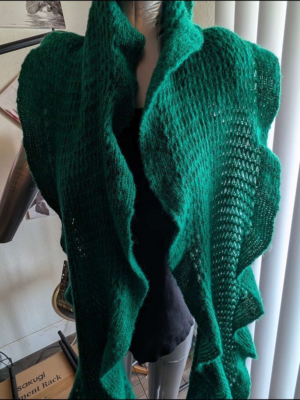 Emerald Green Open Knit Ruffled Shawl